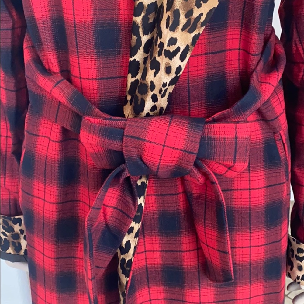 Red and Black buffalo Plaid Cheetah-leopard print jacket with waist tie - Picture 5 of 10